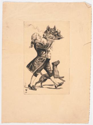 Man Carrying Boar's Head on Tray, with Dog