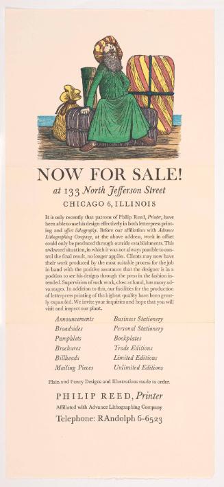 Now for Sale - Broadsheet Advertisement for Philip Reed, Printer (Reed Is Also the Artist Responsible for the Color Wood Engraving at the Top of the Broadsheet)