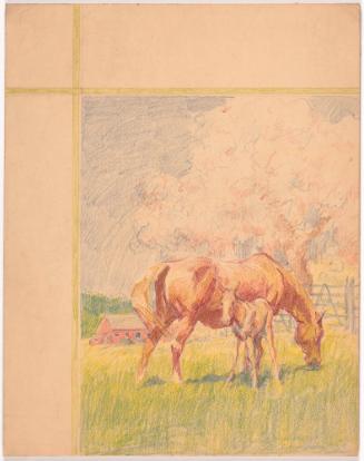 Mare and Foal, Grazing with Trees and Barn in Background