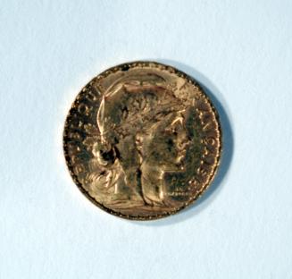 20 Franc Coin with Profile Image of Liberty Crowned with Laurel Wreath (obverse) and Profile Image of Strutting Rooster (reverse)