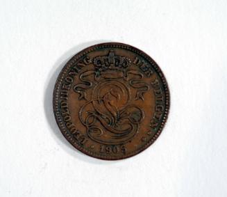 2 Centime Piece with Stylized Flower, Crown, and Ribbons (obverse) and Seated Lion (reverse)