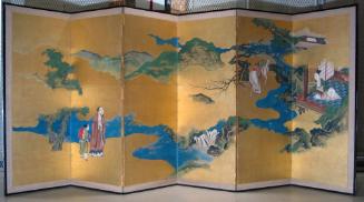 Folding screen with landscape including stream and a horse