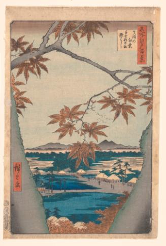 Maple Trees at Mama, Tekona Shrine, and Linked Bridge, from the series One Hundred Famous Views of Edo