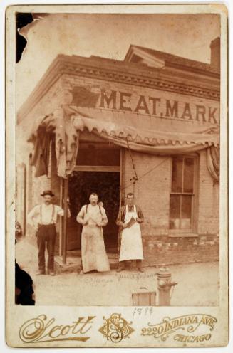 Three Men in Front of a Meat Market