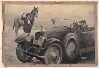 Woman Holding Horse's Reins Hails Car; Illustration