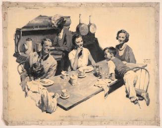 Group Around Kitchen Table, Woman at Stove in Background; Illustration