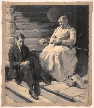 Porch of Log House: Man Seated on Steps, Old Woman in Chair; Illustration