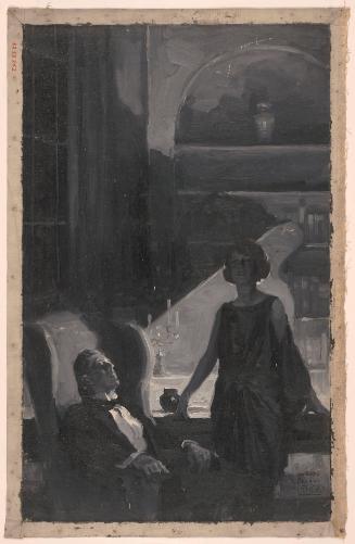 Woman Standing, Seated Man with Closed Eyes; Illustration