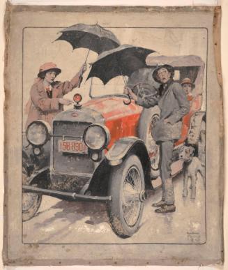 Man and Woman Holding Umbrellas Over Car, Little Girl in Back Seat