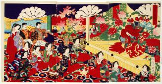 Illustration of Nobility Watching the Play Shakkyō (kōki no jōran shakkyō no zu).  
高貴ノ上覧石橋ノ図