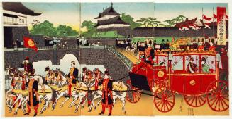 Illustration of the [Emperor and Empress] Leaving the New Imperial Palace through the Nijubashi Bridge for the Opening Ceremony of the Diet
国会開式新皇居二重橋御出門之図.