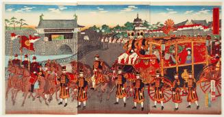 Illustration of the Emperor Leaving the Palace through Nijūbashi Bridge to Promulgate Constitution
憲法発布宮城二重橋御出門之図.