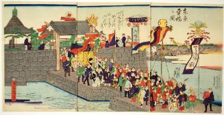 Celebration of the Emperor's Arrival in Edo, now Tokyo
東京幸橋之図.   Picture of Saiwai Bridge in Tokyo