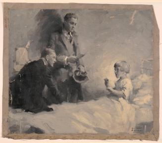 Two Men Talk to Little Girl Who Sits Up in Bed; Illustration