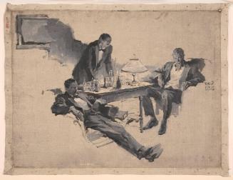 Three Men Grouped Around Table; Illustration