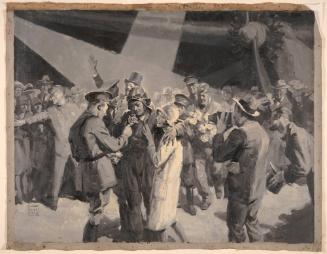 Flyer and Woman in Center of Admiring Crowd; Illustration
