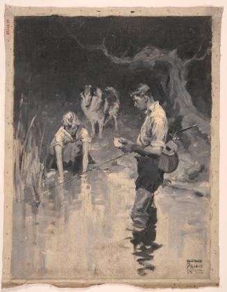 Man Fishing, Woman and Dog in Background; Illustration