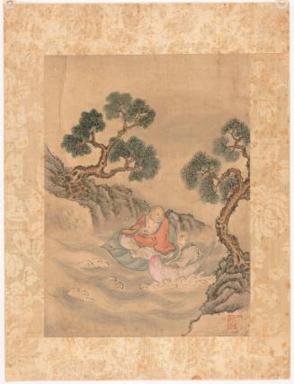 Man and Boy Floating on a Leaf and Petal-like Boat