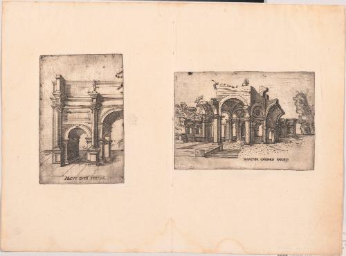 Two Plates Showing Ruins of the Arch of Septimus Severus and a Palace at Paris