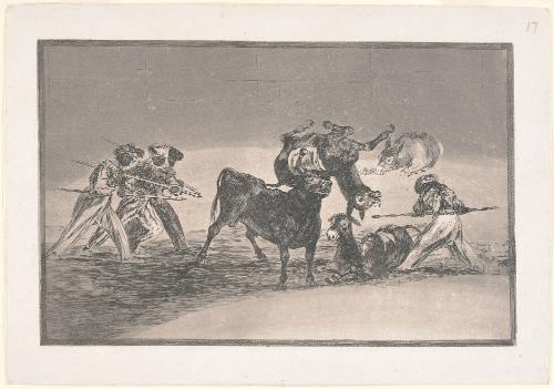 The Moors Use Donkeys As a Barrier to Defend Themselves Against the Bull, plate 17 from the Tauromaquia series