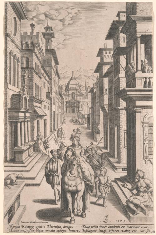 A Lady on Horseback in a street in Florence, from Decorations for the Entry of Joanna of Austria into Florence