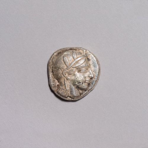 Tetradrachm: Head of Athena Wearing Ornamented Helmet Right; Owl Standing Head Facing, Olive Sprig and Crescent at Upper Left Field on Reverse