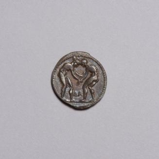 Stater: Two Wrestlers Grappling, Holding Wrists; Slinger Advancing Right, About to Discharge Sling, Surrounded by Incuse Square, Triskeles Right on Reverse