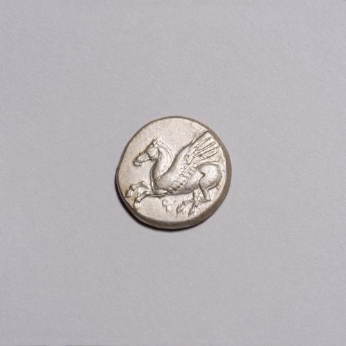 Stater: Pegasos Flying Left, Koppa Below; Helmeted Head of Athena Left, Symbol Behind on Reverse