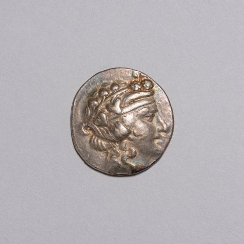 Tetradrachm: Head of Young Dionysos Right, Wreathed With Ivy, Band Across Forehead; Herakles, Naked, Standing Left, Holding Club, Lion's Skin Over Arm, Lettering Surrounding on Reverse