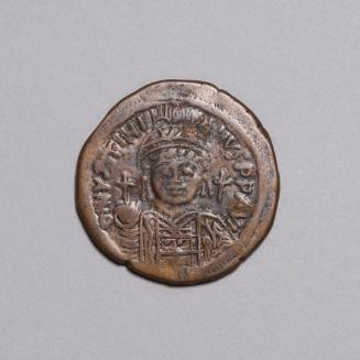 Follis: Diademed, Cuirassed Bust of Justinian I Facing, Holding Globe with Cross; Large M, Cross above, ANNO and X/YI/II/I on either Side, A between M Legs, KYZ in Exergue on Reverse