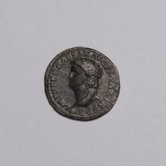 As: Bare Head of Nero Left With Small Globe Beneath; Victory Flying Left Holding Shield Inscribed SPQR on Reverse