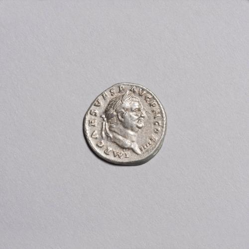 Denarius: Laureate Head of Vespasian Right; Simpulum, Sprinkler, Jug, and Lituus on Reverse