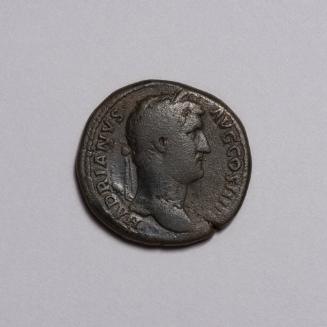 Sestertius: Bare Head of Hadrian Right; Diane Standing Left, Holding Bow and Arrow on Reverse