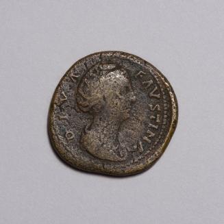 Sestertius: Draped Bust of Faustina Right; Faustina (?) Standing Left, Holding Scepter and Patera (?) on Reverse
