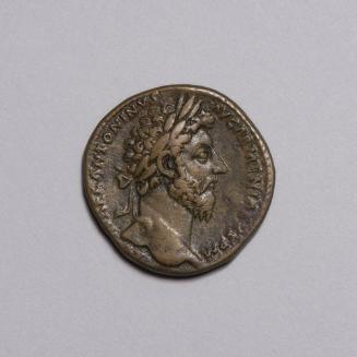 Sestertius: Laureate Bust of Marcus Aurelius Right; Mars Standing Right, Holding Spear and Leaning on Shield on Reverse