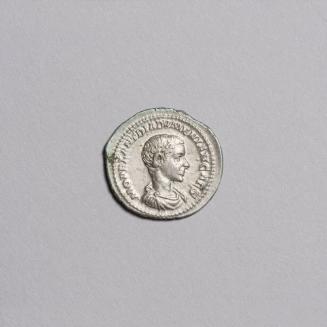 Denarius: Bare-Headed, Draped Bust of Diadumenian Right; Prince Standing Half-Left Holding Baton and Scepter, to Right Two Standards on Reverse