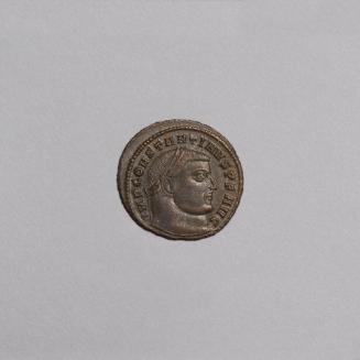Follis: Laureate Head of Constantine Right; Jupiter Standing Nude Left, Holding Scepter and Victory Holding Wreath, with Eagle at Feet Holding Wreath, SIS in Exergue, E in Field on Reverse