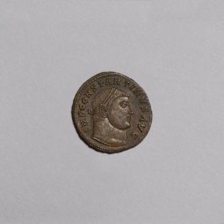 Follis: Laureate Head of Constantine Right; Jupiter Standing Nude Left, Holding Scepter and Victory Holding Wreath, with Eagle at Feet Holding Wreath, SIS in Exergue, E in Field on Reverse