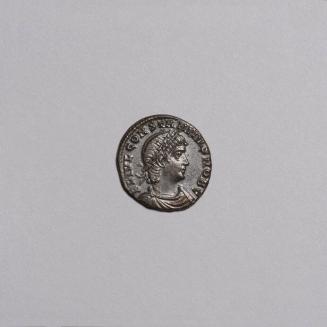 AE3/4: Laureate and Cuirassed Bust of Constantius II Right; Two Soldiers Standing Either Side of Two Standards, CONS in Exergue on Reverse