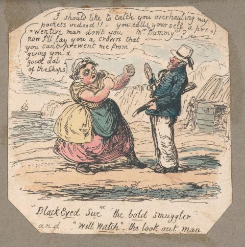 “Black Eyed Sue,” the Bold Smuggler, and “Will Watch,” the Look Out Man, vignette fragment from Plate 6 of Scraps and Sketches, Part II