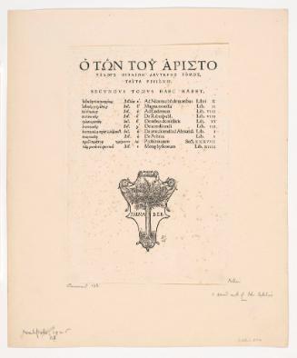 Table of Contents Page: Aristotle, with Printer's Device of John Bebelius