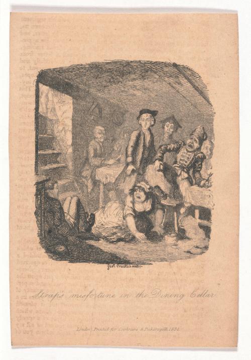 Strap’s Misfortune in the Dining Cellar, illustration for The Adventures of Roderick Random by Tobias Smollett