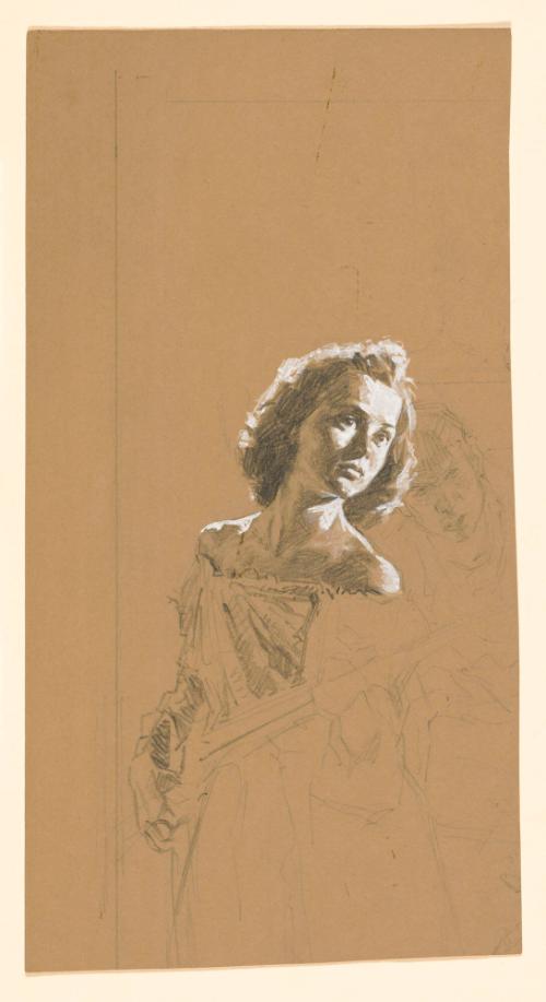 Study of Woman with Gun and Bare Shoulders; Sketch of Man in Background