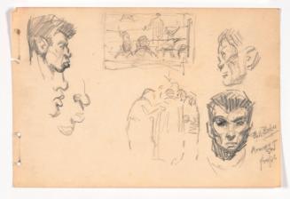 Boxing Studies, 3 Heads of Phil Baker (?), Frontal, Profiles Left and Right, 2 Nose/lip Studies Facing Right, Boxing Ring, Huddle