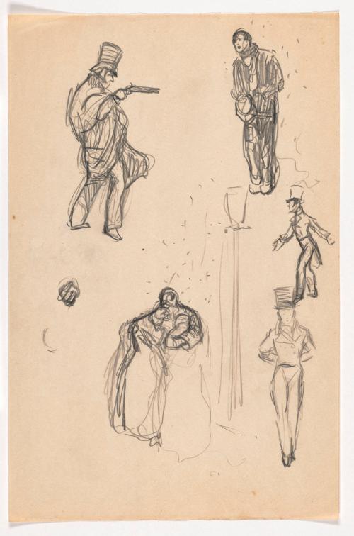 Studies of Men in Tailcoats Walking; Man with Gun