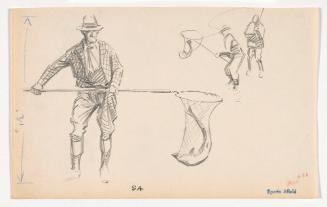 Man Holding Fish Net Out to Right with Fish in It; Two Distant Figures, One with Net, Other with Line