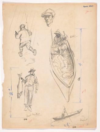 Figure Running with Object in One Hand, Fishing Pole in Other, from Rear; Doc's Big on E; Dugout; Archie