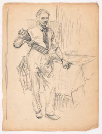 Man, Facing Front-right, Left Arm on Table, Holding Bottle in Right Hand, Cigarette in Mouth