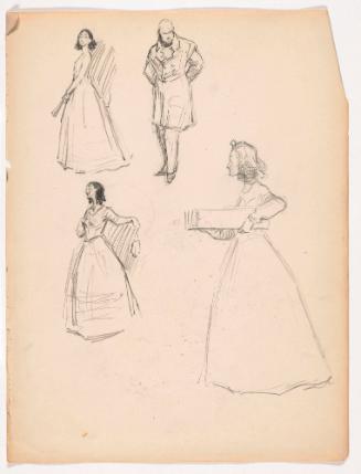 Study of Woman with Hair in Ringlets in Different Poses; Man with Arms Behind Back, Frowning