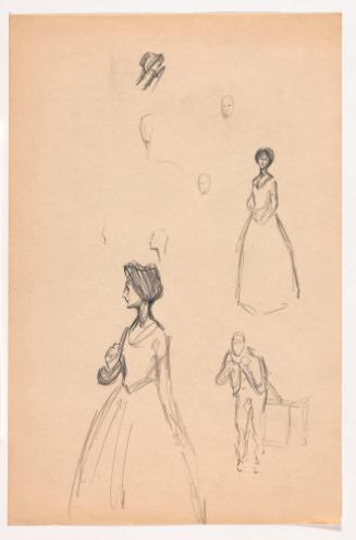 Studies of Woman in Bonnet, Long Dress; Man Bowing